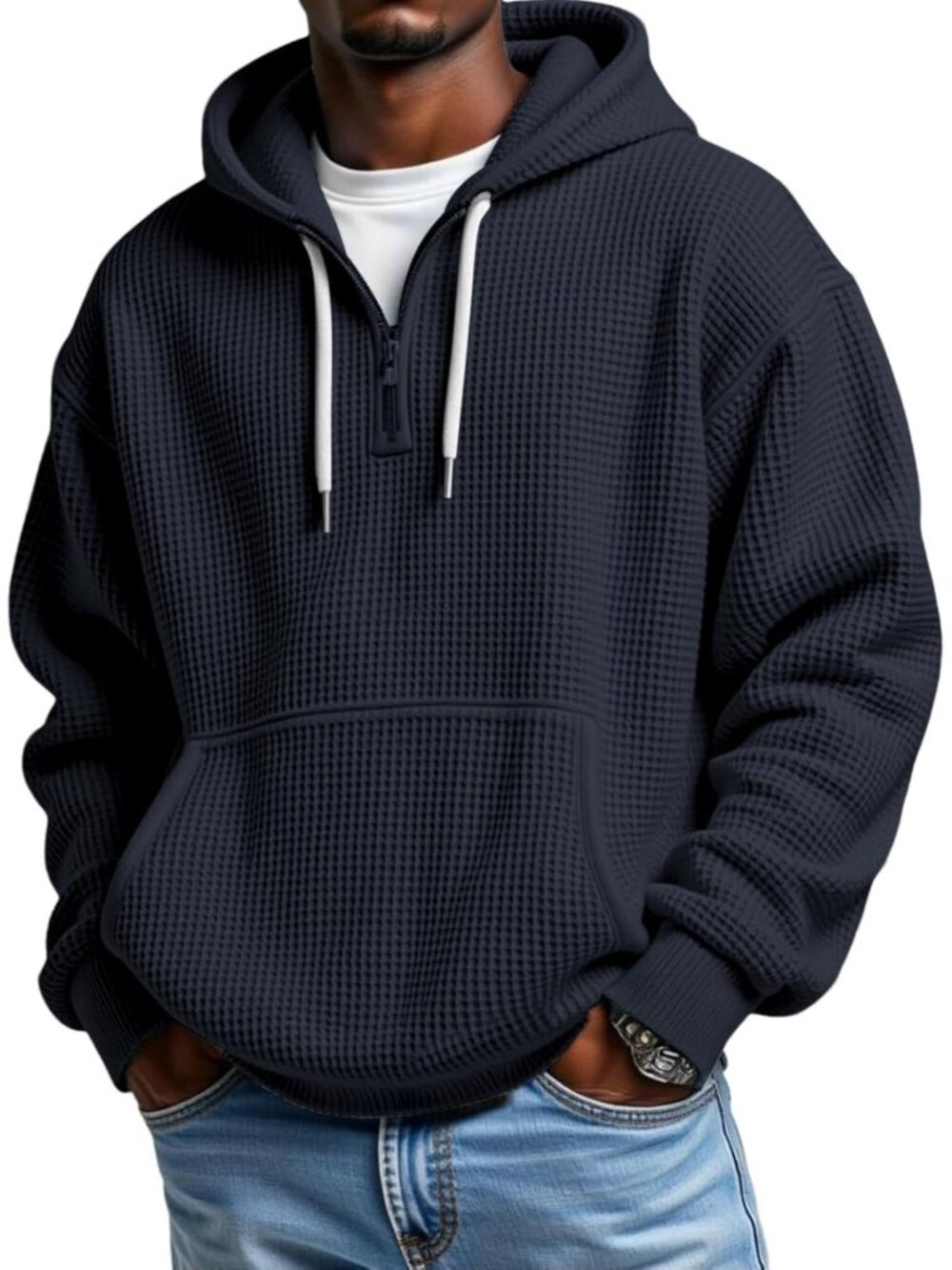 Men's Navy Blue Quarter Zip Waffle Knit Pullover Loose Fit Sweatshirt Hoodies